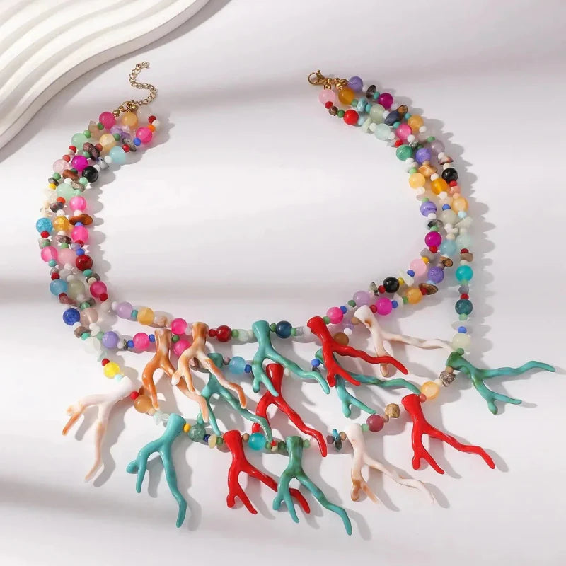 Collier Triple Rang Ras de Cou Corail Multicolore