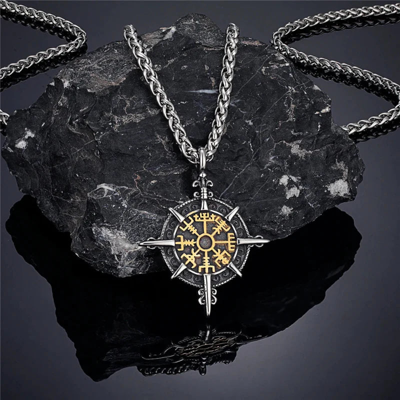 Collier Viking avec Pendentif Compas Vegvisir or