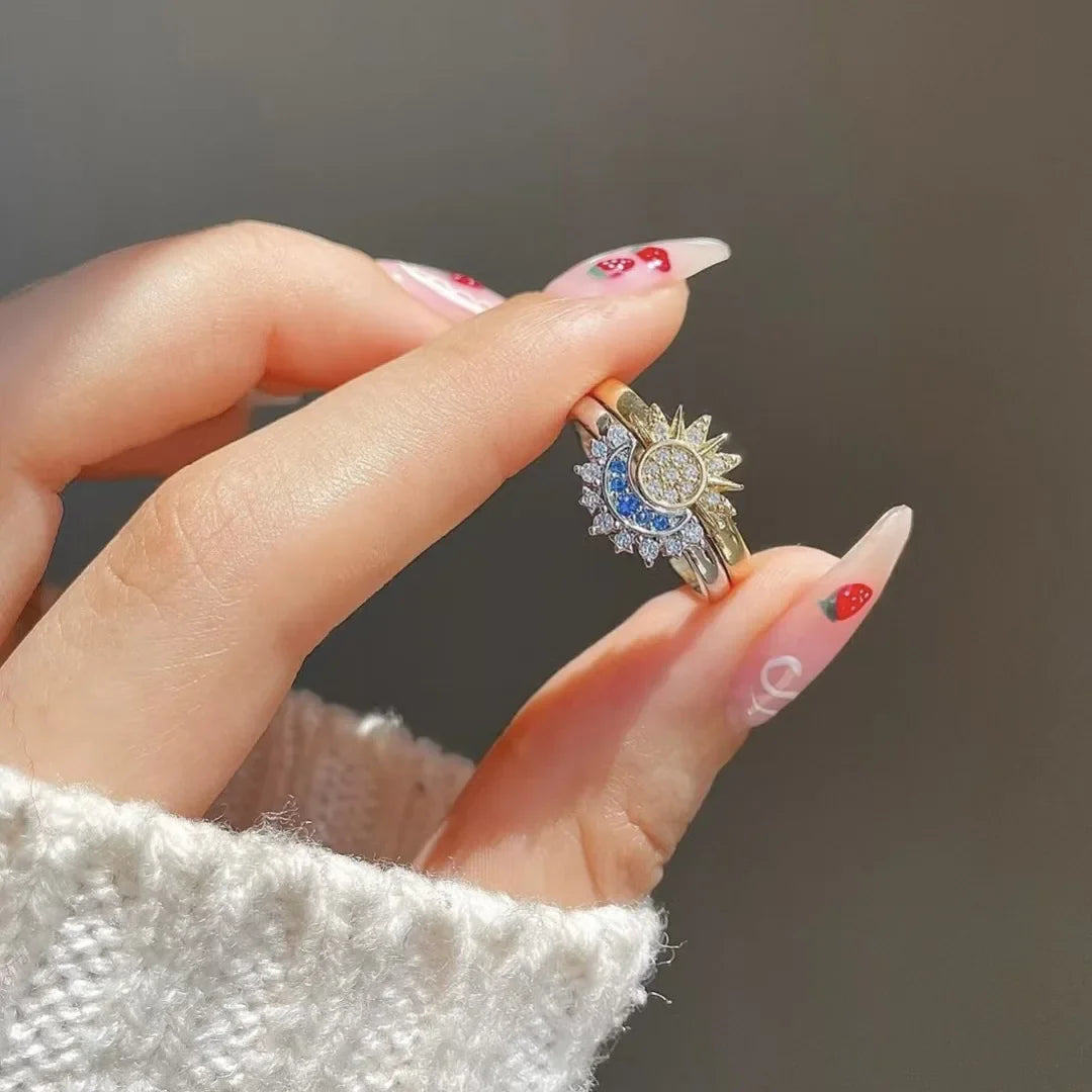 Lot de 2 Bagues Lune ou Soleil en Zircon pour Couple