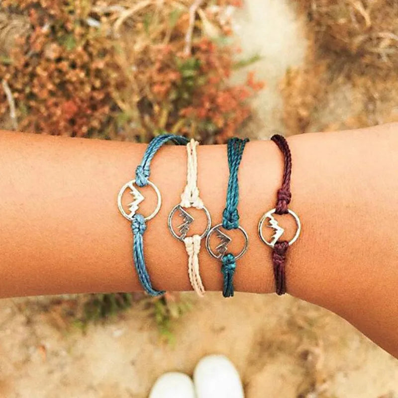 Lot de 4 Bracelets en Corde avec Pendentif Rond Montagne
