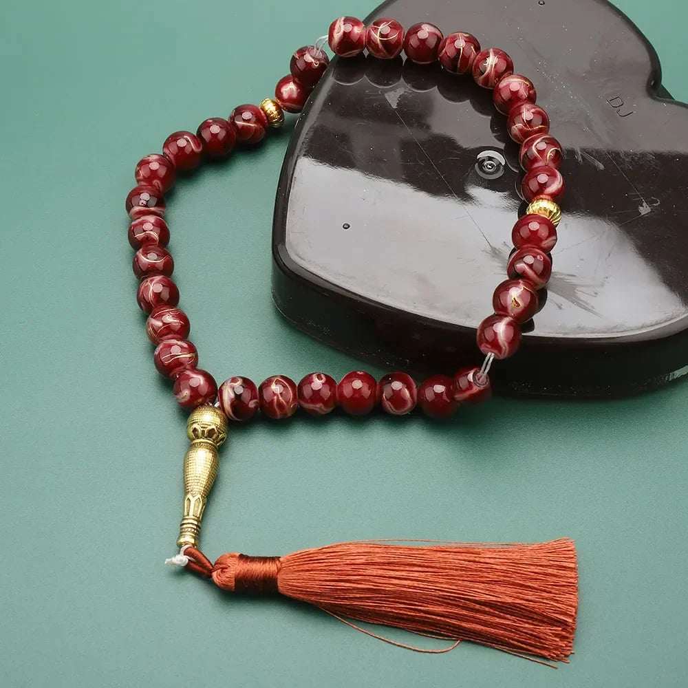 Tasbih Long 33 czarne koraliki - czerwony muzułmański różaniec modlitewny
