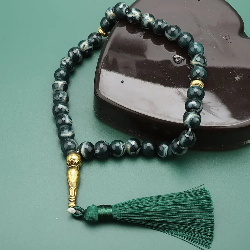 Tasbih Long 33 czarne koraliki - zielony muzułmański różaniec modlitewny
